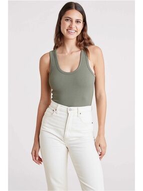 Nuuds Ribbed Scoop Tank Bodysuit in Olive